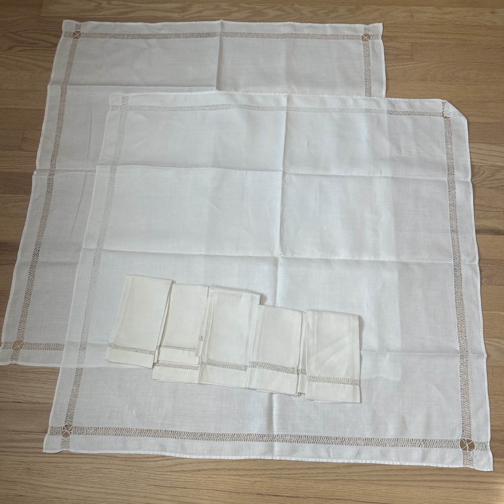 Vtg White Linen Tea Set 2 Tablecloths 34x33 5 Napkins Hand Drawn Thread Openwork